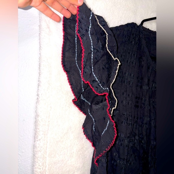 ACOS & A Flamenco Embroidered Ruffle Sleeve Top Black Women's Medium - Picture 6 of 7